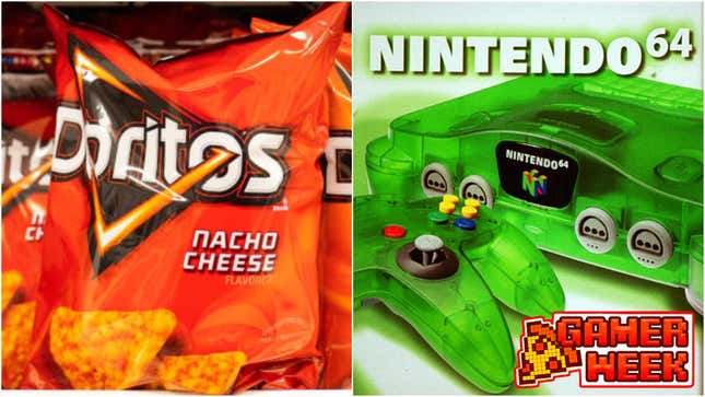 Left: bag of Doritos; Right: Nintendo 64 console