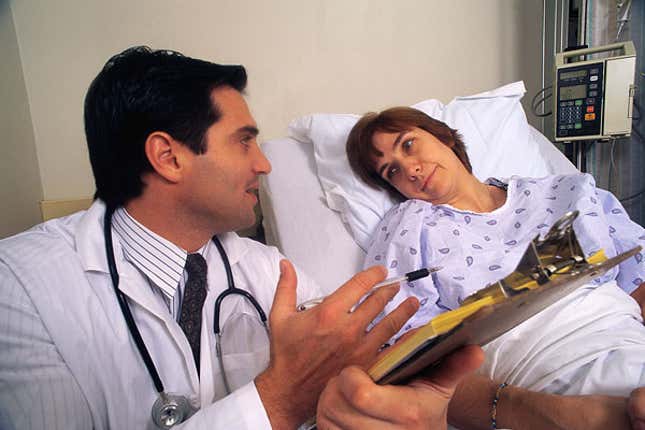 A doctor explains to an expectant mother how her organs will slowly dissolve with the new pill.