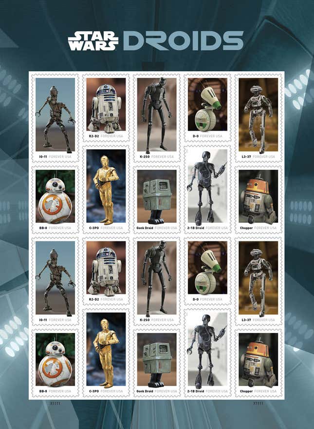 Imagen para el artículo titulado El Servicio Postal de Estados Unidos lanzará una colección de sellos con los droides de Star Wars