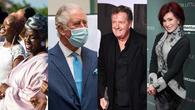 The Kingdom Choir at Kensington Palace on July 24, 2018; Prince Charles, at Skipton House in London on March 9, 2021; Piers Morgan attends the European Premiere of “Creed II” on November 28, 2018; Sharon Osbourne attends screening of “A Million Little Pieces” on December 04, 2019.