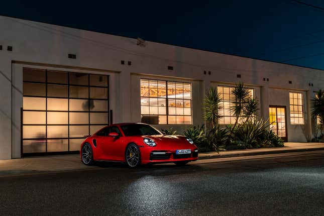Image for article titled The 2021 Porsche 911 Turbo S In Guards Red Looks Juicy Light-Painted For Night Photos
