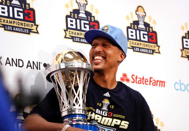 Jamario Moon #8 of the Triplets attends the press conference holding the trophy after his team defeated the Killer 3s to win the BIG3 Championship at Staples Center on September 01, 2019 in Los Angeles, California. 