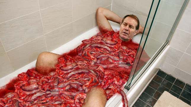 Image for article titled Bill Belichick Forgets About Loss By Relaxing In Bathtub Filled With Warm Entrails