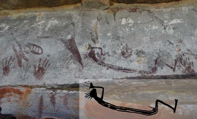 Una representación rara de un humano, visto en una posición reclinada. Las manchas amarillentas en la pared de la cueva son antiguos nidos de avispas de barro, que se usaron para fechar las obras de arte.