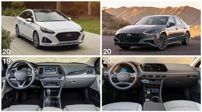 The exterior and interior stylings of the 2019 Sonata (left) and 2020 Sonata (right).