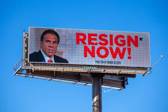 A billboard urging New York Governor Andrew Cuomo to resign is seen near downtown on March 2, 2021 in Albany, New York. The governor is facing calls to resign after three women have come forward accusing him of unwanted advances.