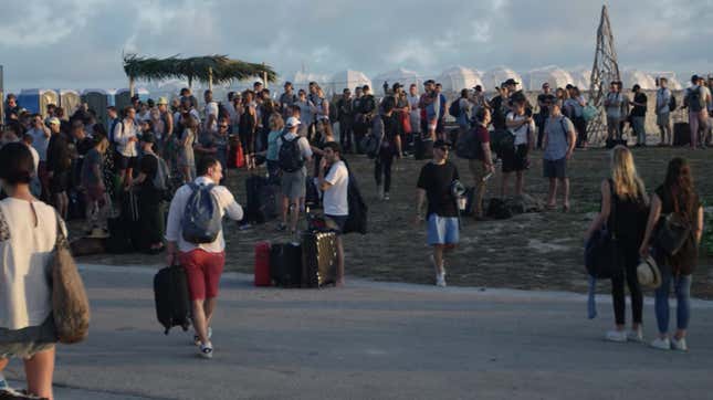 Fyre Festival attendees on festival grounds in FYRE: The Greatest Party That Never Happened