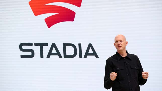 Google vice president and general manager Phil Harrison announcing Stadia on stage at the Game Developers Conference 2019.