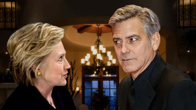 Clooney leans his right lapel closer to Clinton while telling her an anecdote about how he once emailed a screenplay to someone unauthorized to read it, before asking her if she’s ever done anything similar.