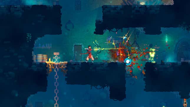The Headless shoots an enemy with an arrow in Dead Cells.