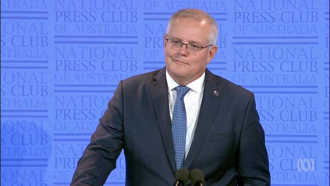 Australia Prime Minister Scott Morrison at the National Press Club of Australia in Canberra on February 1, 2021.
