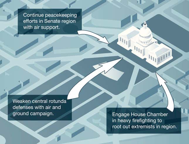 Military officials say an intervention in Congress would likely involve a three-pronged attack.