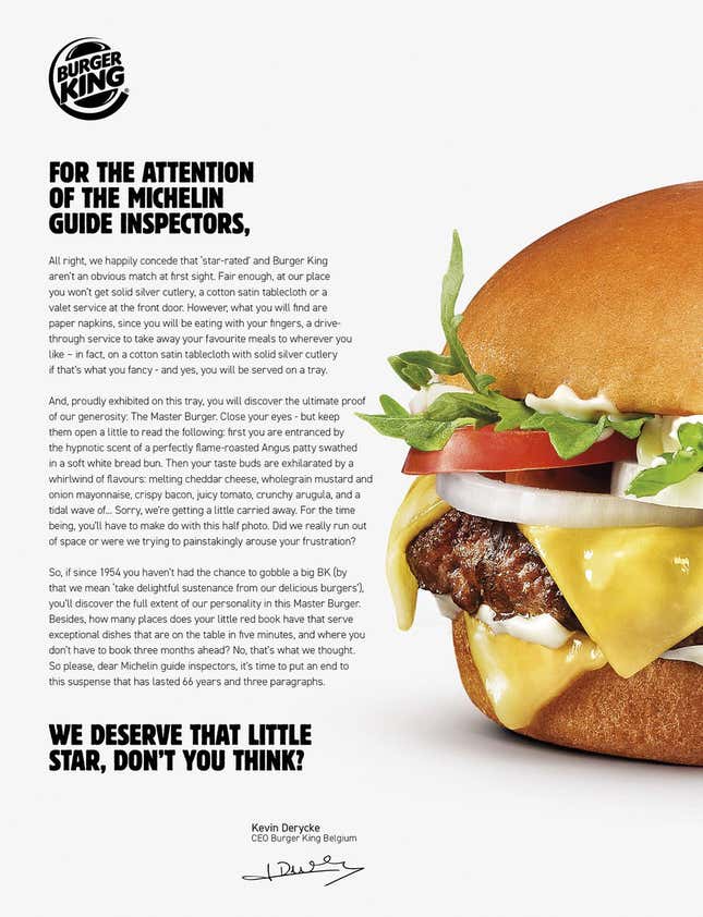 Image for article titled Burger King wants to add a Michelin star to its crown jewels