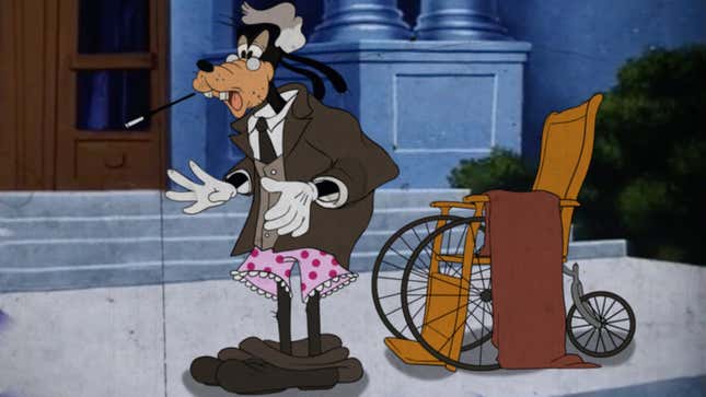 A still from an animated short that featured Goofy portraying an effeminate, weak FDR whose pants constantly fell down when he attempted to rise from his wheelchair.