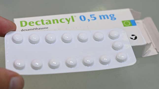 A picture taken on June 16, 2020 in Paris shows tablets of Dectancyl, a drug manufactured by Sanofi containing dexamethasone