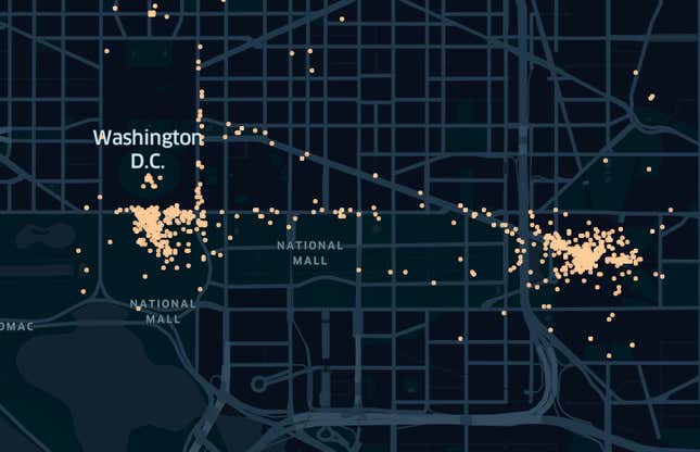 A map created using Parler GPS data shows a flood of protesters leaving the National Mall after a speech by President Donald Trump and heading toward the U.S. Capitol building where a riot ensued.