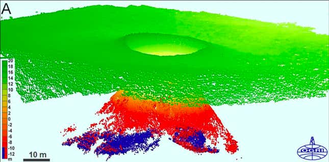 Constructed 3D model showing the crater and underground cavity, the latter of which extends in two different directions.