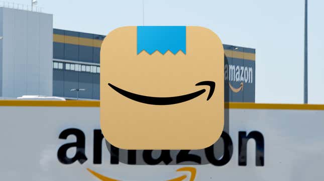 Amazon’s now rolled-back iOS app logo introduced in January 2021; background is a photo of an Amazon warehouse in Bretigny-sur-Orge on May 19, 2020.
