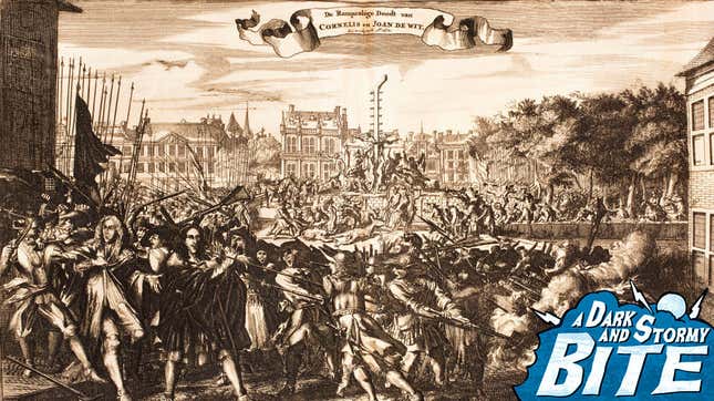 Scene of the crowd murdering Cornelis and Johan de Witt, 1672. Artist unknown.