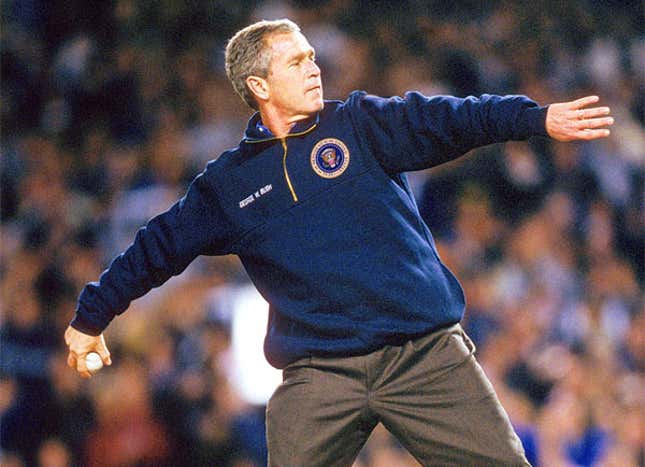 President Bush works on his delivery in anticipation of his Game 1 start.
