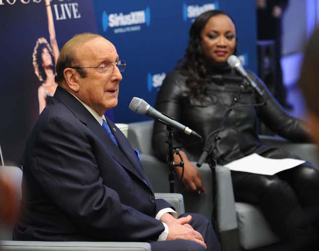 Legendary music industry titan Clive Davis (L) and Pat Houston promote “Whitney Houston Live: Her Greatest Performances”  at SiriusXM Studios on Nov. 11, 2014, in New York City.
