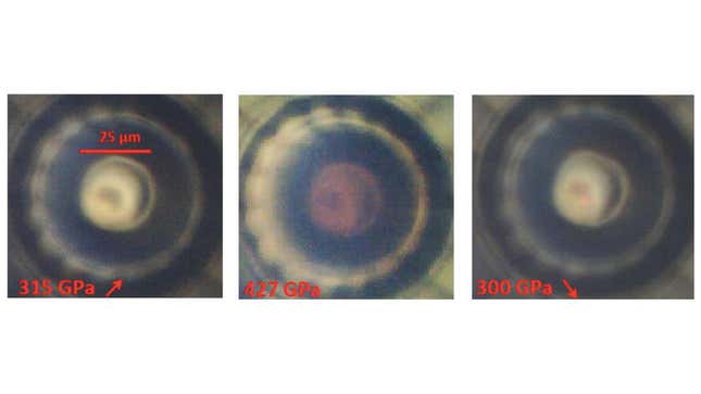 The sample taken at different stages of compression. The center is the metallic hydrogen, but the red color is likely due to molecular changes in the diamond, rather than the hydrogen.