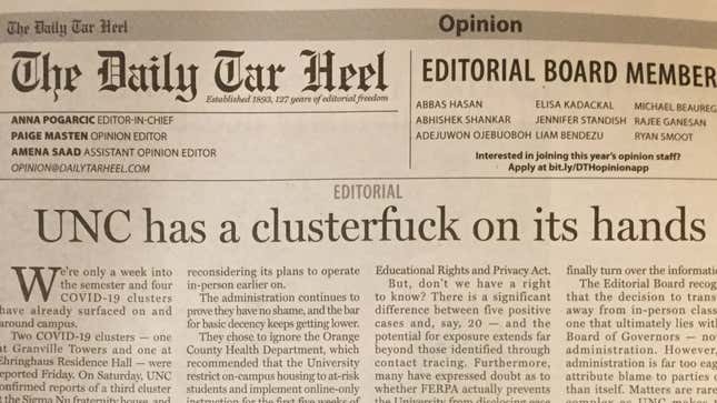 The UNC student newspaper pulled no punches in describing the situation in Chapel Hill.
