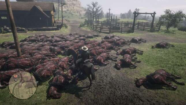 Imagen para el artículo titulado Un error temporal en Red Dead Online llenó el juego de enormes pilas de caballos muertos y quemados