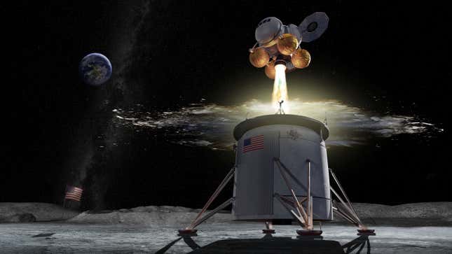 Artist’s conception of the Artemis lunar lander during the final ascent stage. 