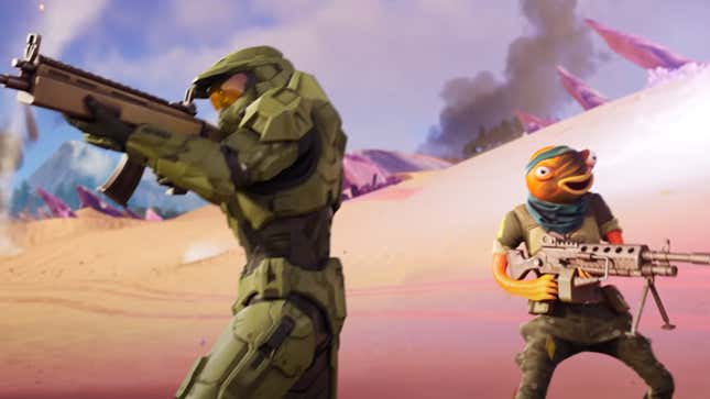 Halo’s Master Chief fighting alongside a sentient Fish with an LMG. Named Fishstick. Because of course.