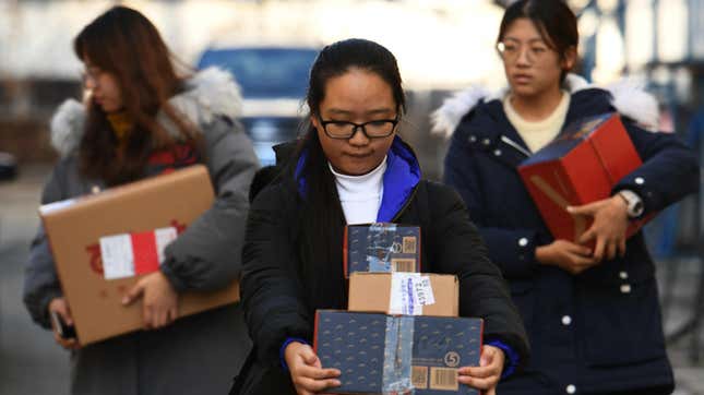 College students in China pick up their Singles Day 2018 packages.