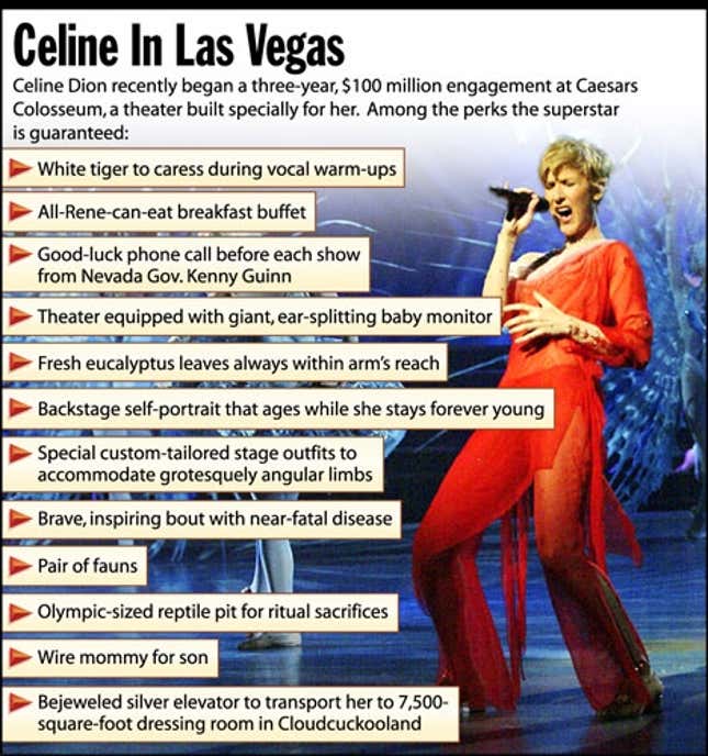 Celine Dion recently began a three-year, $100 million engagement at Caesars Colosseum, a theater built specifically for her. 