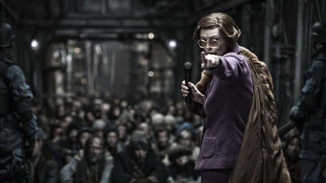 Tilda Swinton points her way to a vague and confusing future in the Snowpiercer film.