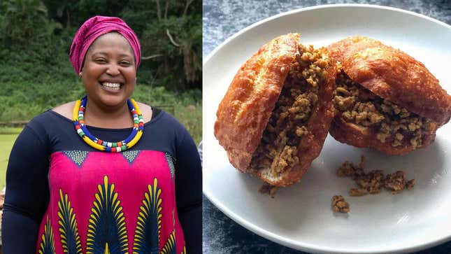 Chef Zola Nene (left) and her amagwinya with curried mince (right)