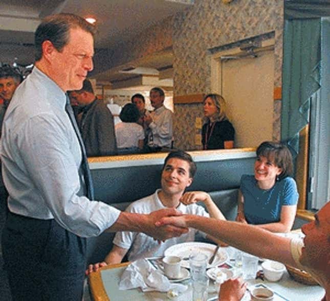 Gore greets diner patrons in Scranton, a city he called "the absolute worst place on Earth."