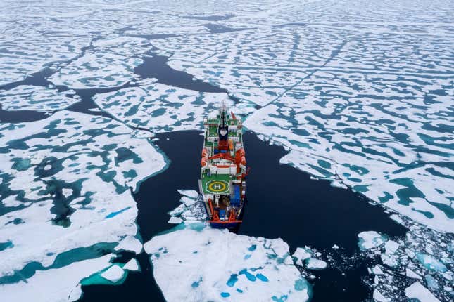On its way north of Greenland, the scientists encountered large, open pools of water and surprisingly weak sea ice which their vessel could easily break