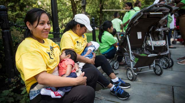 Eligia Spinosa breastfeeds her 2-month-old son, Jose Spinosa, outside City Hall during a rally to support breastfeeding in public on August 8, 2014 in New York City. 
