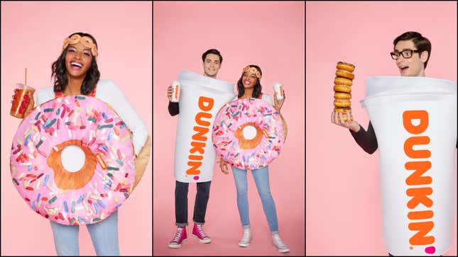 Product shots of a woman wearing a doughnut Halloween costume and a man dressed up as a Dunkin' cup