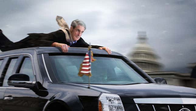 Occupants of the presidential limo thought they had thrown Robert Mueller only for the special prosecutor, who had been gripping the bumper by his fingertips alone, to clamber back onto the vehicle.