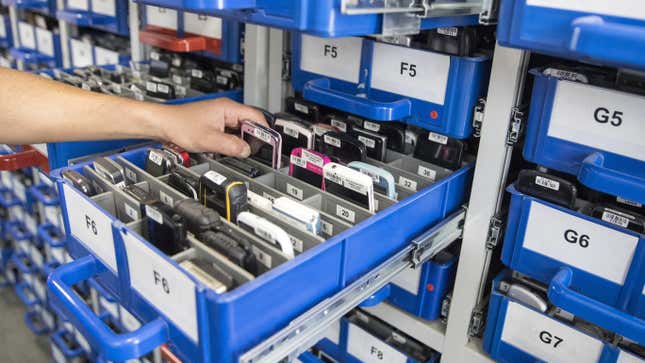 Drawers of cell phones stored at Israeli firm Cellebrite’s research lab in Petah Tikva in 2016.