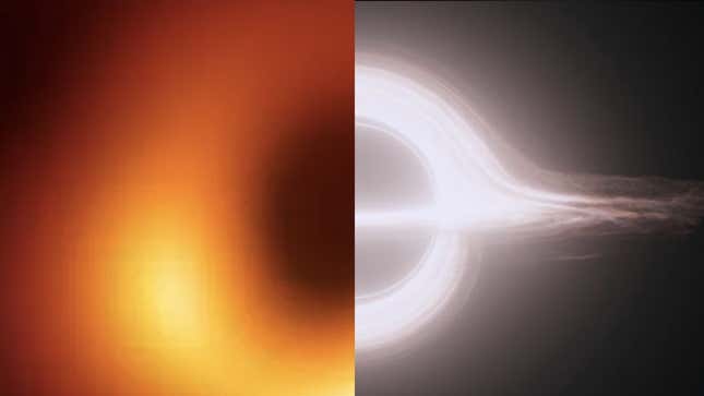 El agujero negro de la galaxia M87 (izquierda) junto a Gargantua, el agujero de Interstellar.
Imagen: EHT/Interstellar
