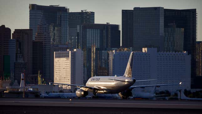 A plane taxis toward the terminal after landing at McCarran International Airport in Las Vegas.