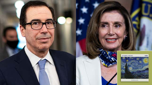 Image for article titled Steve Mnuchin, Nancy Pelosi Announce Meeting To Put Finishing Touches On 1,000-Piece ‘Starry Night’ Jigsaw Puzzle