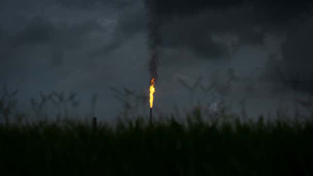 A gas flare from the Shell Chemical LP petroleum refinery that sits within Cancer Alley.