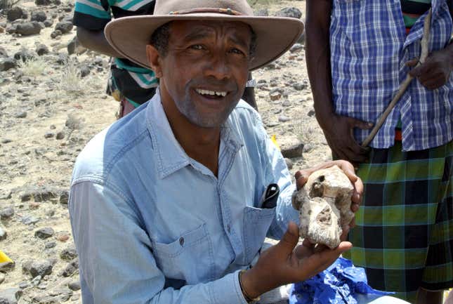Paleoanthropologist Yohannes Haile-Selassie holding the MRD fossil.
