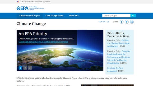 Image for article titled EPA&#39;s Climate Change Sub-Site Is Back, Baby