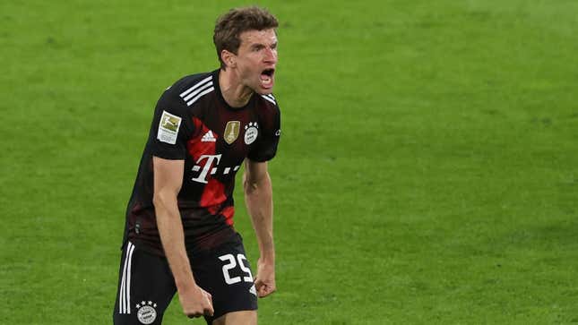 Bayern’s Thomas Muller shouts out and celebrates after the end of the German Bundesliga soccer match between RB Leipzig and Bayern Munich.