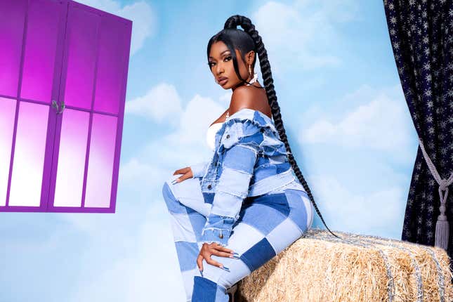Image for article titled Meg Thee Stallion's Fashion Nova Debut Is a 'Wild Western Moto Speed Chase'—With Some Wild Ass Patterns