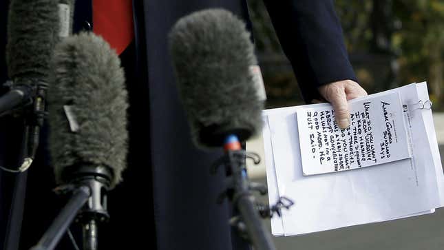 Donald Trump holding notes at the White House on November 20, 2019, presumably a record that has been retained by the Trump Presidential Library, provided he didn’t destroy it first.