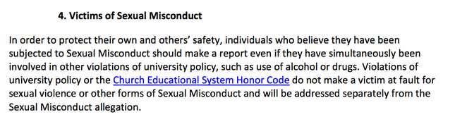 Screenshot of Brigham Young University’s Sexual Misconduct Policy.